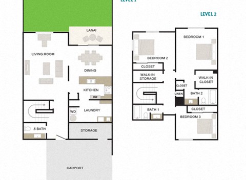 Floor plan for 3 beds, 2.5 baths, 1504 sqft